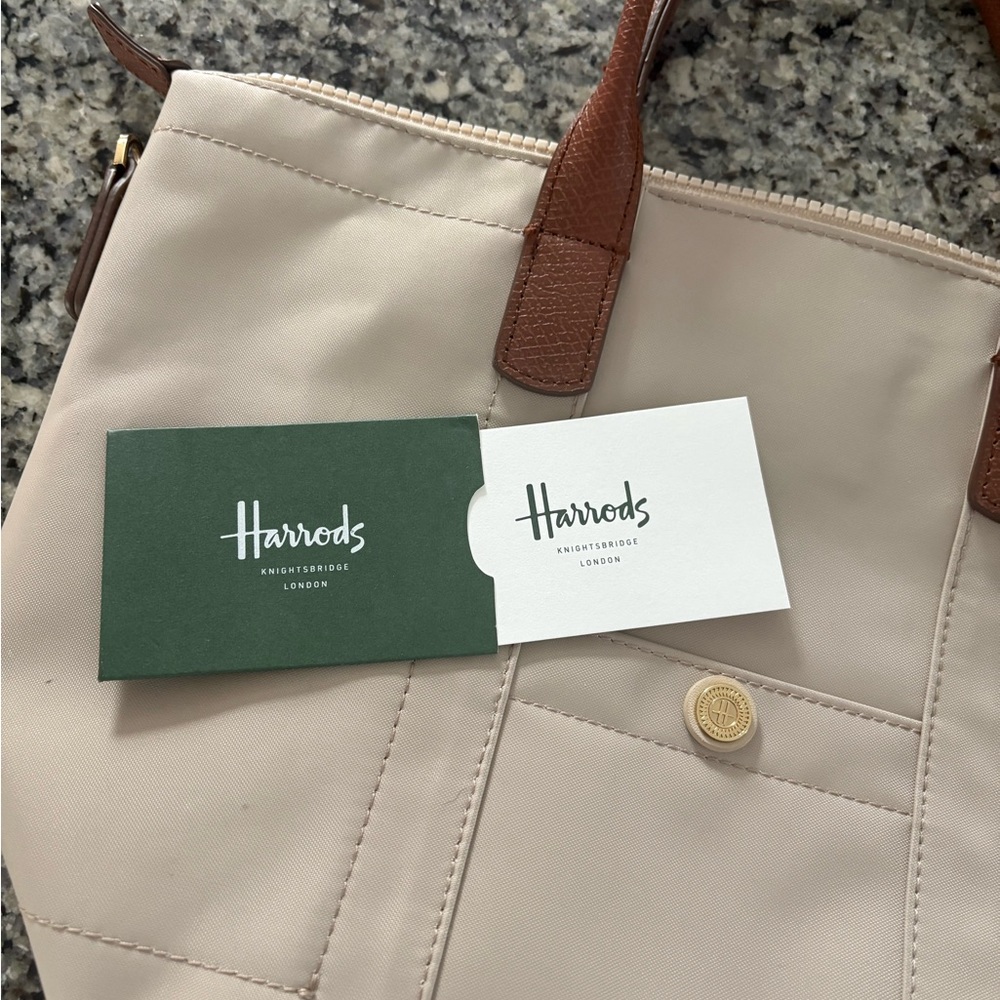 Harrods Beige Tote with Brown Leather Handles and Gold Button